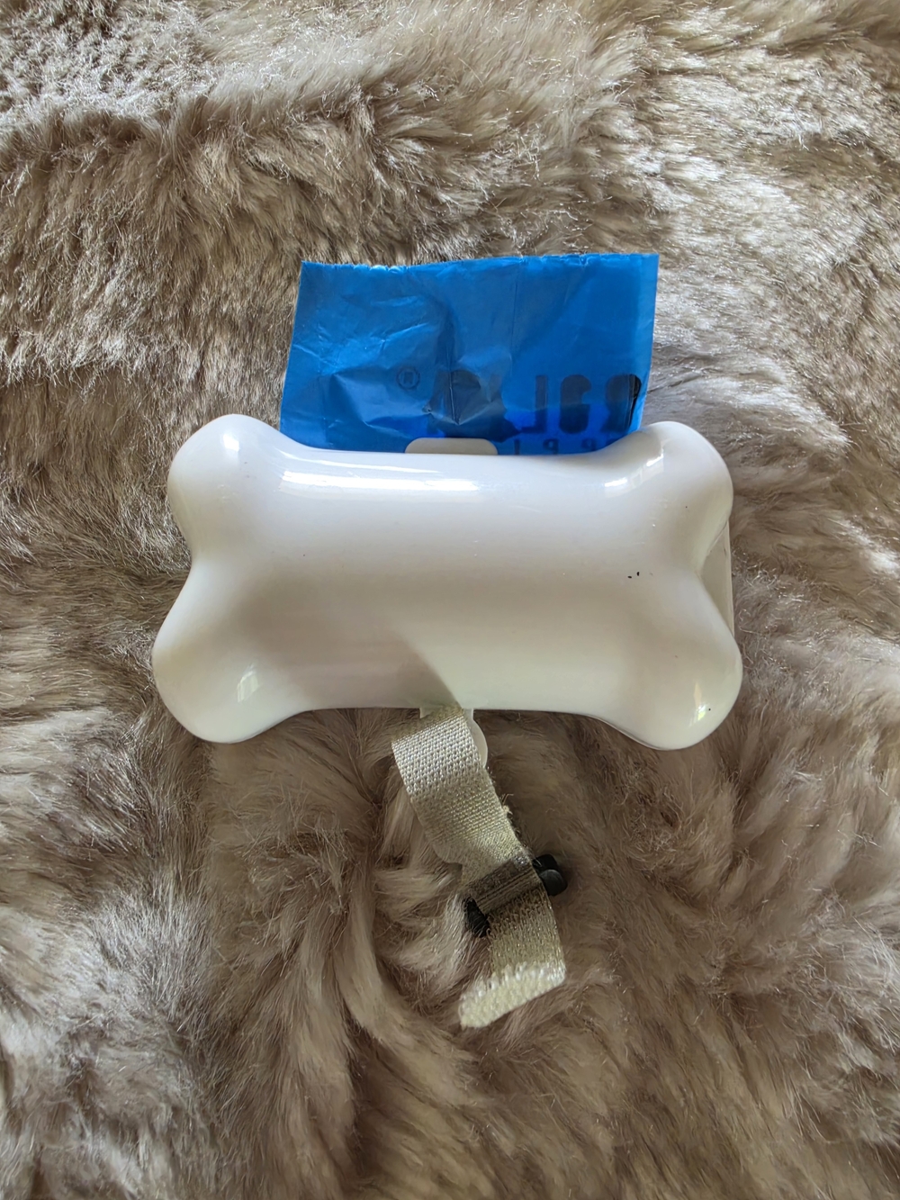 White Bone-Shaped Dog Waste Bag Dispenser with Strap